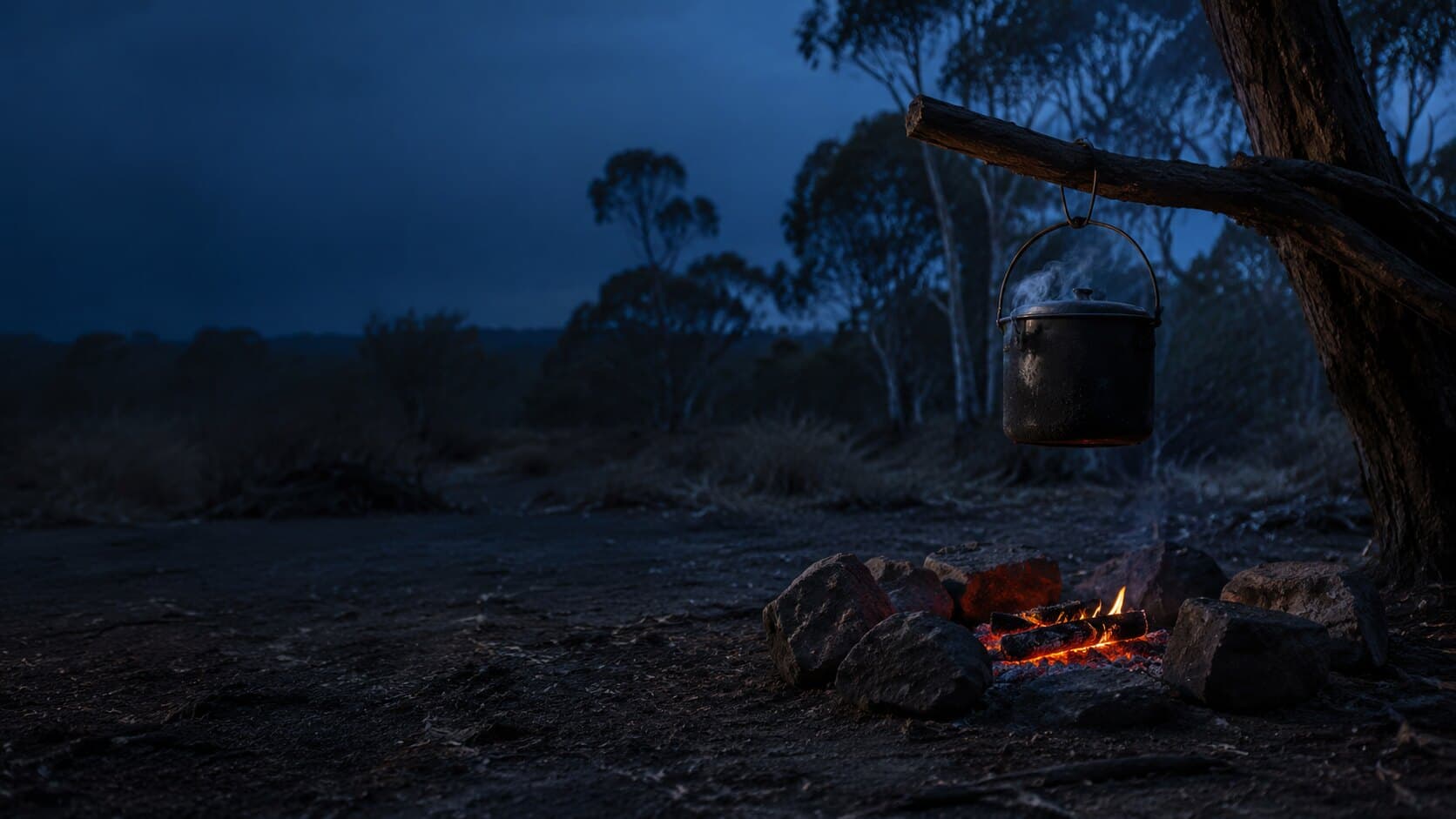 A blackened billy steaming over a small fire beneath gum trees at dusk